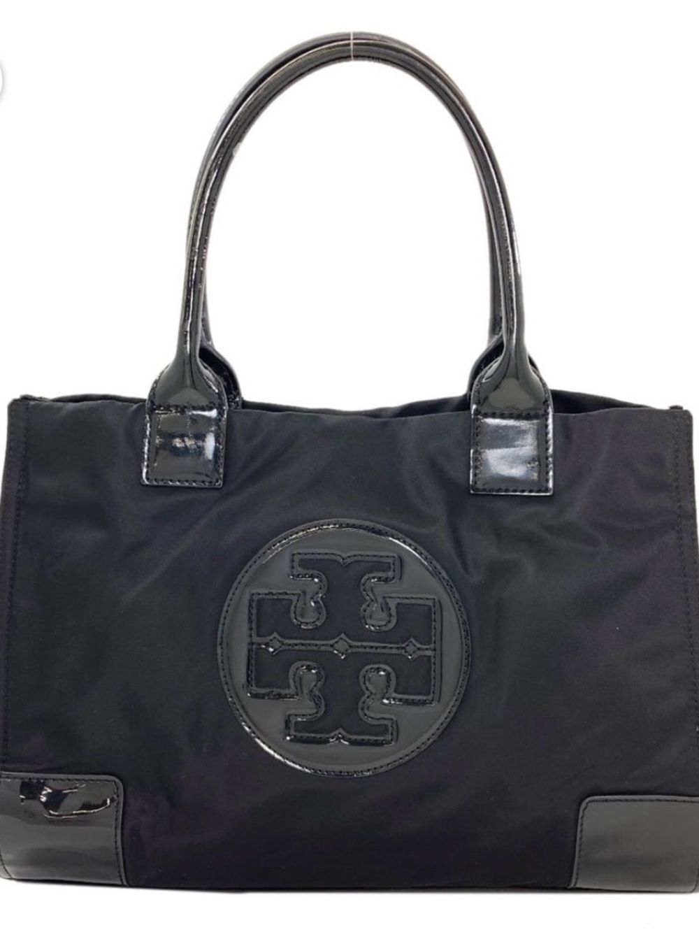 Tory Burch Black Nylon Tote with Patent Logo Trim